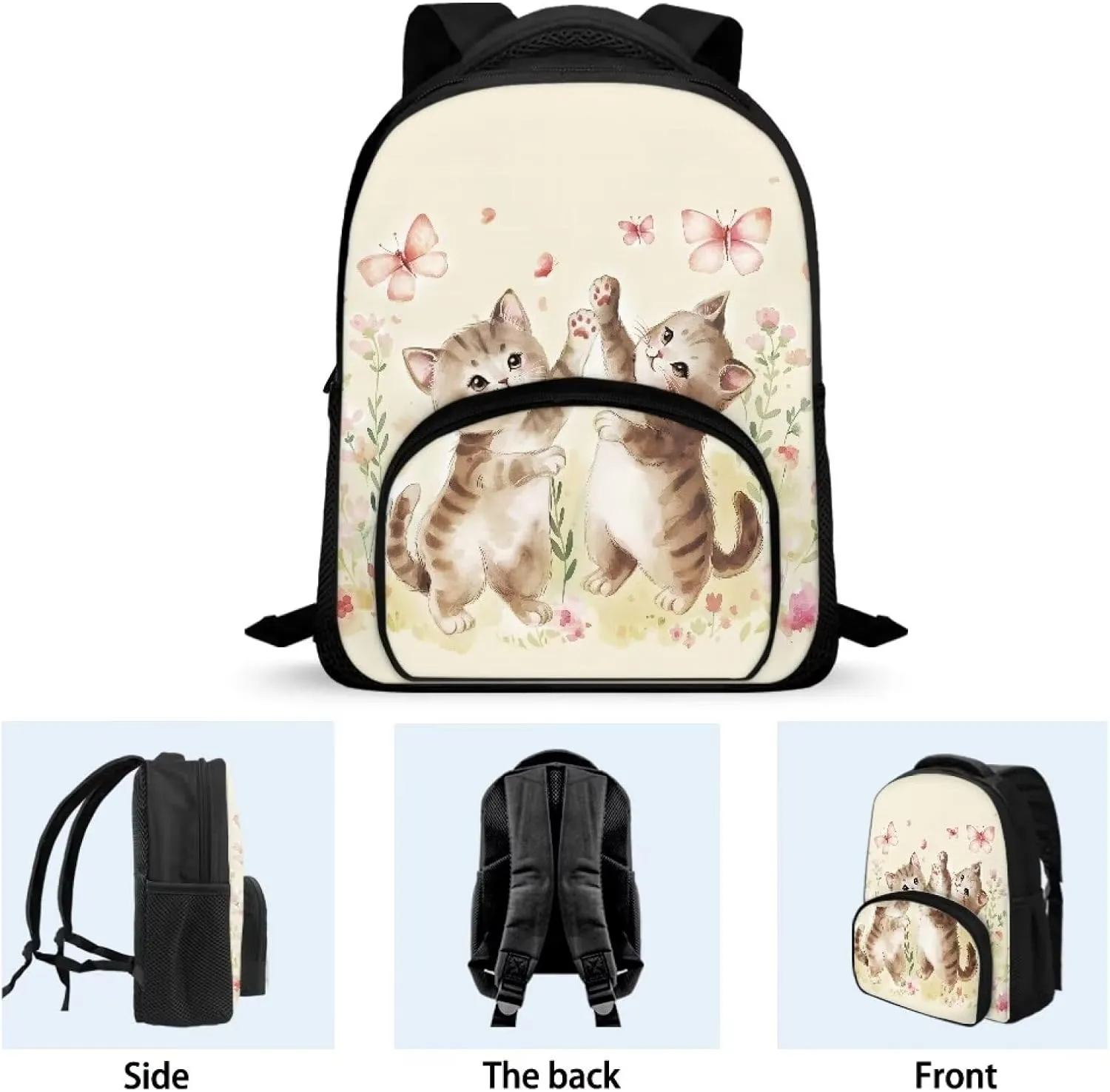 Cute Cat Playing Butterfly Backpack for Girls 12 Inch School Bag with Shoulder Straps Lightweight New Backpack for Teens Preschool Elementary School Students Trendy Travel Daypack Gifts