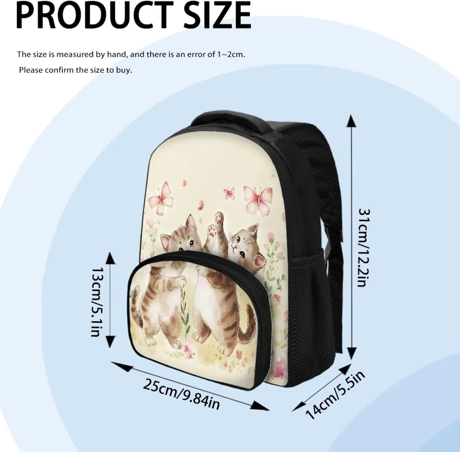 Cute Cat Playing Butterfly Backpack for Girls 12 Inch School Bag with Shoulder Straps Lightweight New Backpack for Teens Preschool Elementary School Students Trendy Travel Daypack Gifts