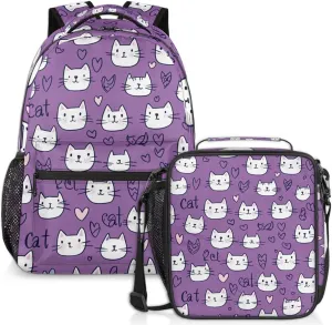 Cute Cats Face Lunch Backpack Heart Love Purple Laptop Backpacks Set with Insulated Cooler Lunch Box Leak Proof Lunch Bag for Women Men Work Camping Travel Daypack