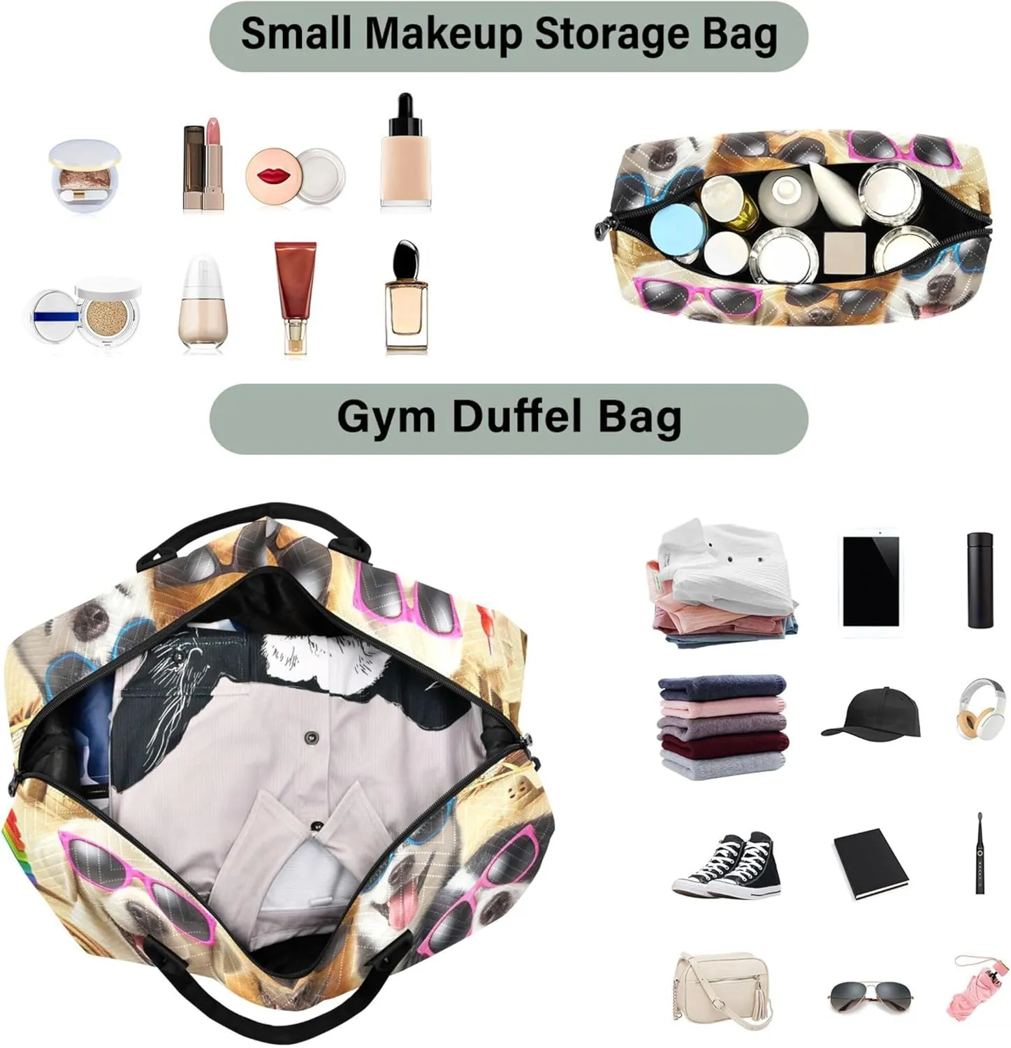 Cute Cats Funny Animals Travel Duffle Bags Makeup Pouch Set of 2, Print Women Small Duffle Bag Overnight Hospital Bag