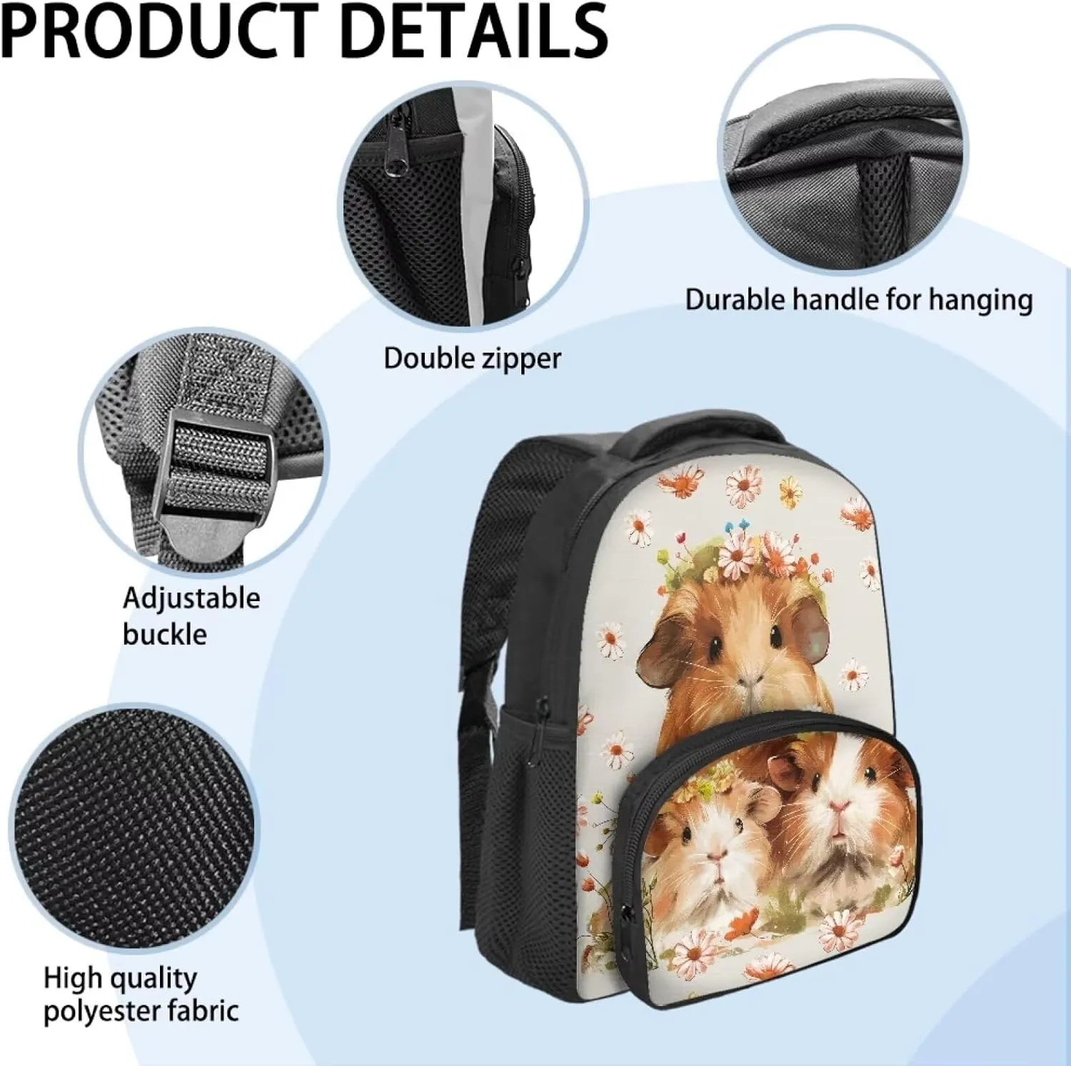 Cute Guinea Pig Backpack for Girls Daisy Flower School Bag with Multiple Compartments for Kindergarten Elementary School Students Trendy 12 Inch Backpack for Teens Nice Gifts