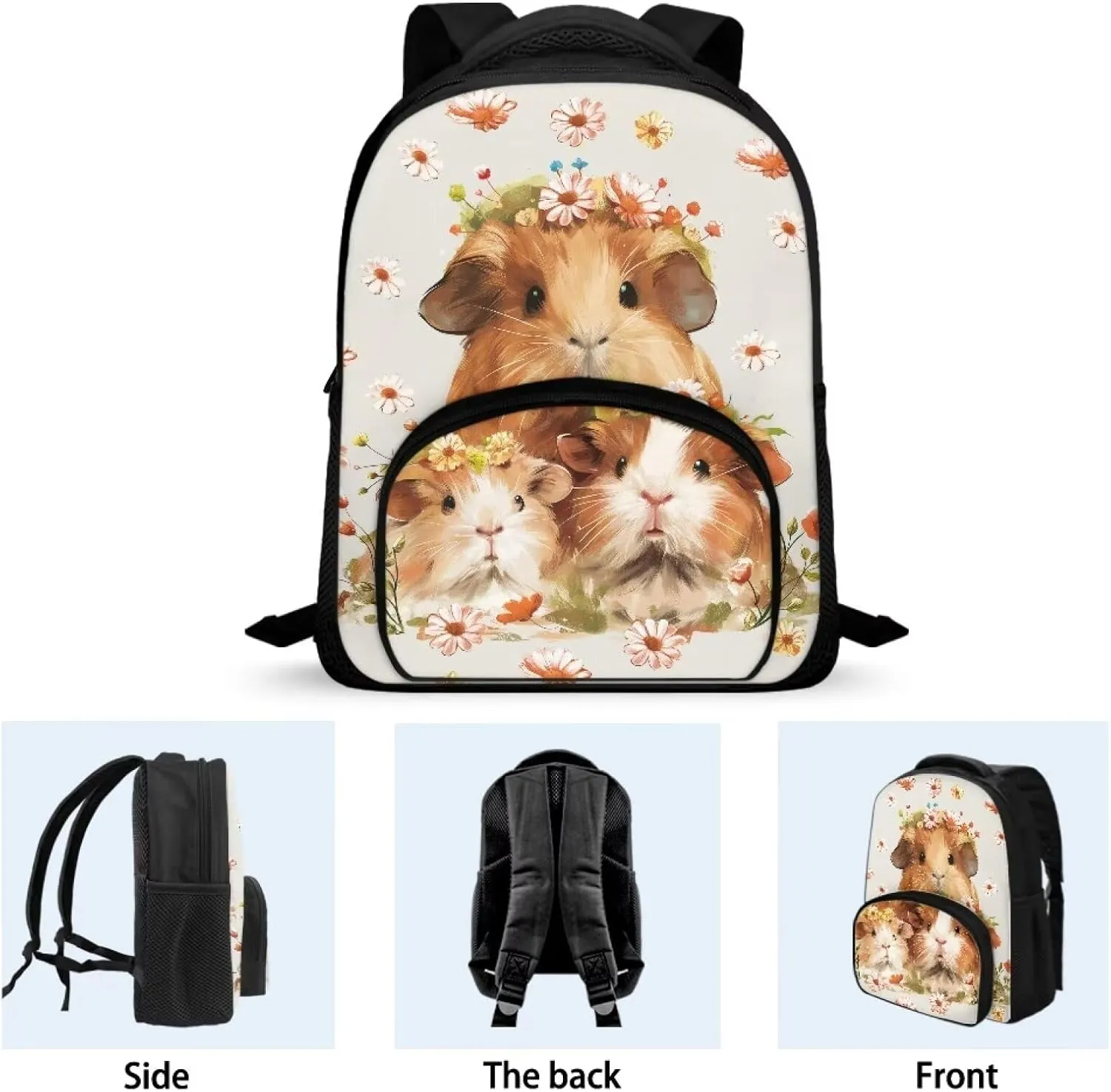 Cute Guinea Pig Backpack for Girls Daisy Flower School Bag with Multiple Compartments for Kindergarten Elementary School Students Trendy 12 Inch Backpack for Teens Nice Gifts