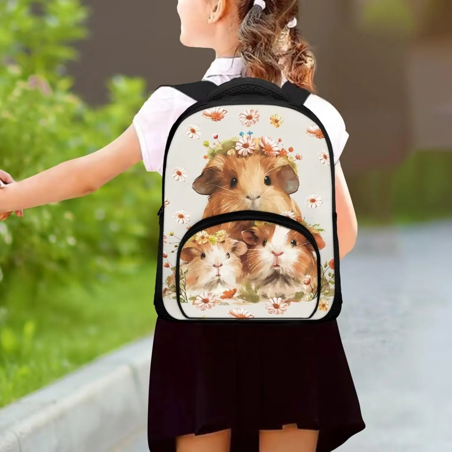 Cute Guinea Pig Backpack for Girls Daisy Flower School Bag with Multiple Compartments for Kindergarten Elementary School Students Trendy 12 Inch Backpack for Teens Nice Gifts