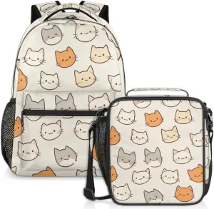 Cute Kitten Lunch Backpack Cat Face Laptop Backpacks Set with Insulated Cooler Lunch Box Leak Proof Lunch Bag for Women Men Work Travel Camping Daypack