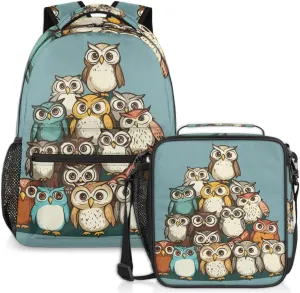 Cute Owls Lunch Backpack Colorful Birds Laptop Backpacks Set with Insulated Cooler Lunch Box Leak Proof Lunch Bag for Women Men Work Camping Travel Daypack