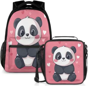 Cute Panda Lunch Backpack Heart Love Pink Laptop Backpacks Set with Insulated Cooler Lunch Box Leak Proof Lunch Bag for Women Men Work Camping Travel Daypack