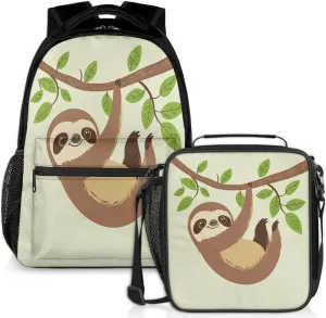 Cute Sloth Lunch Backpack Branch Leaves Laptop Backpacks Set with Insulated Cooler Lunch Box Leak Proof Lunch Bag for Women Men Work Camping Travel Daypack