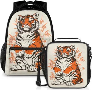Cute Tiger Lunch Backpack Orange Bamboo Animal Laptop Backpacks Set with Insulated Cooler Lunch Box Leak Proof Lunch Bag for Women Men Work Camping Travel Daypack