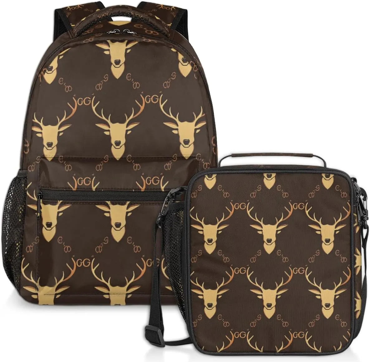Deer Antlers Lunch Backpack Animal Pattern Laptop Backpacks Set with Insulated Cooler Lunch Box Leak Proof Lunch Bag for Women Men Work Camping Travel Daypack