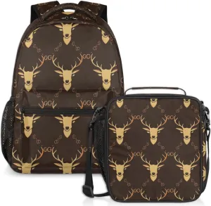 Deer Antlers Lunch Backpack Animal Pattern Laptop Backpacks Set with Insulated Cooler Lunch Box Leak Proof Lunch Bag for Women Men Work Camping Travel Daypack