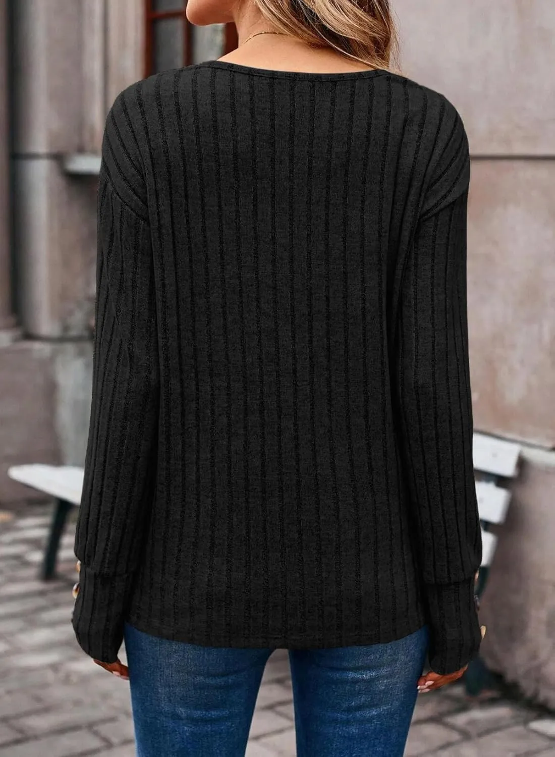 Dokotoo Womens Soft Long Sleeve V Neck Shirts Solid Casual Decorative Buttons Knitted Pullover Tunic Tops