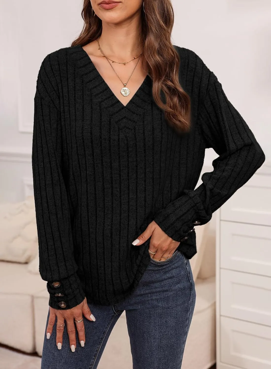 Dokotoo Womens Soft Long Sleeve V Neck Shirts Solid Casual Decorative Buttons Knitted Pullover Tunic Tops