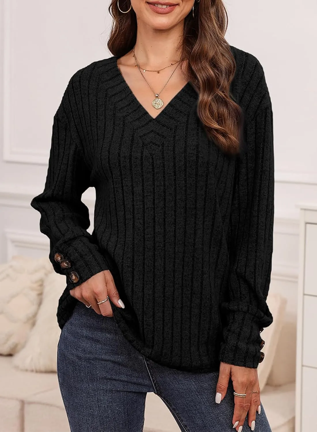 Dokotoo Womens Soft Long Sleeve V Neck Shirts Solid Casual Decorative Buttons Knitted Pullover Tunic Tops