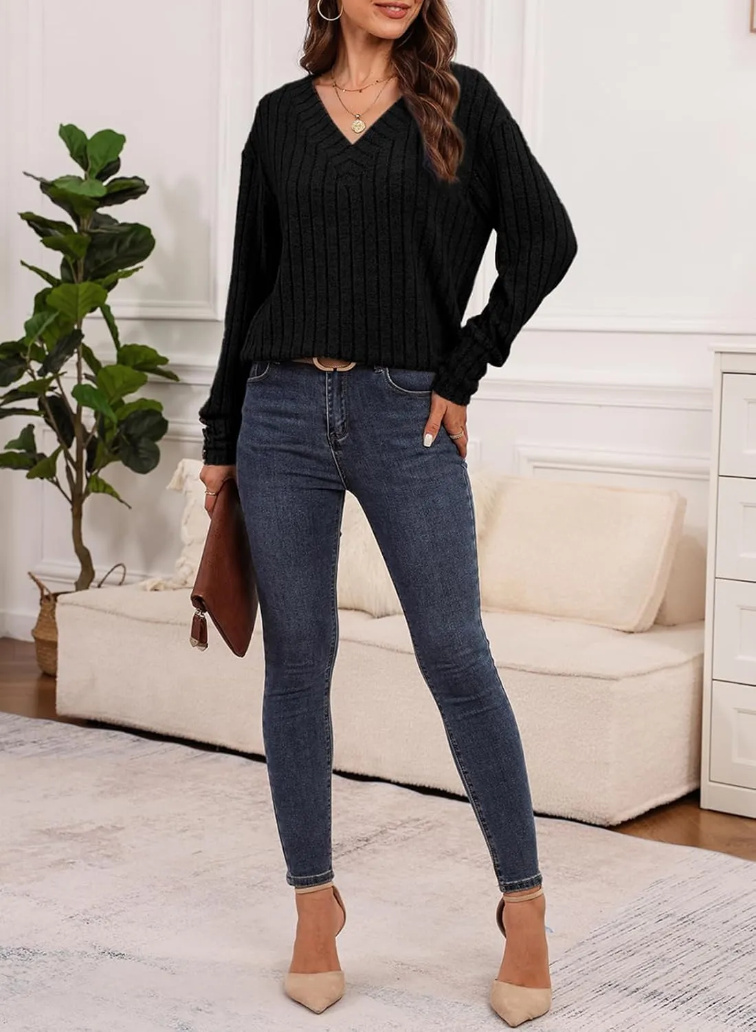 Dokotoo Womens Soft Long Sleeve V Neck Shirts Solid Casual Decorative Buttons Knitted Pullover Tunic Tops