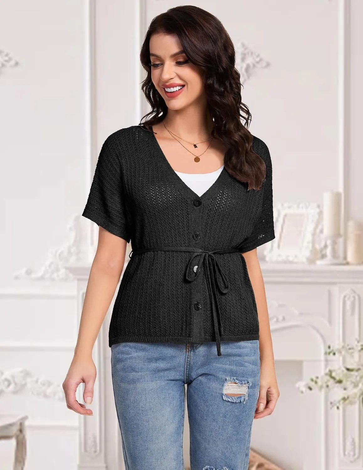 DRESSTELLS Women's Knit Cardigan Lightweight V Neck Short Sleeve Button-Up Hollow Out Summer Sweater Open Front Top
