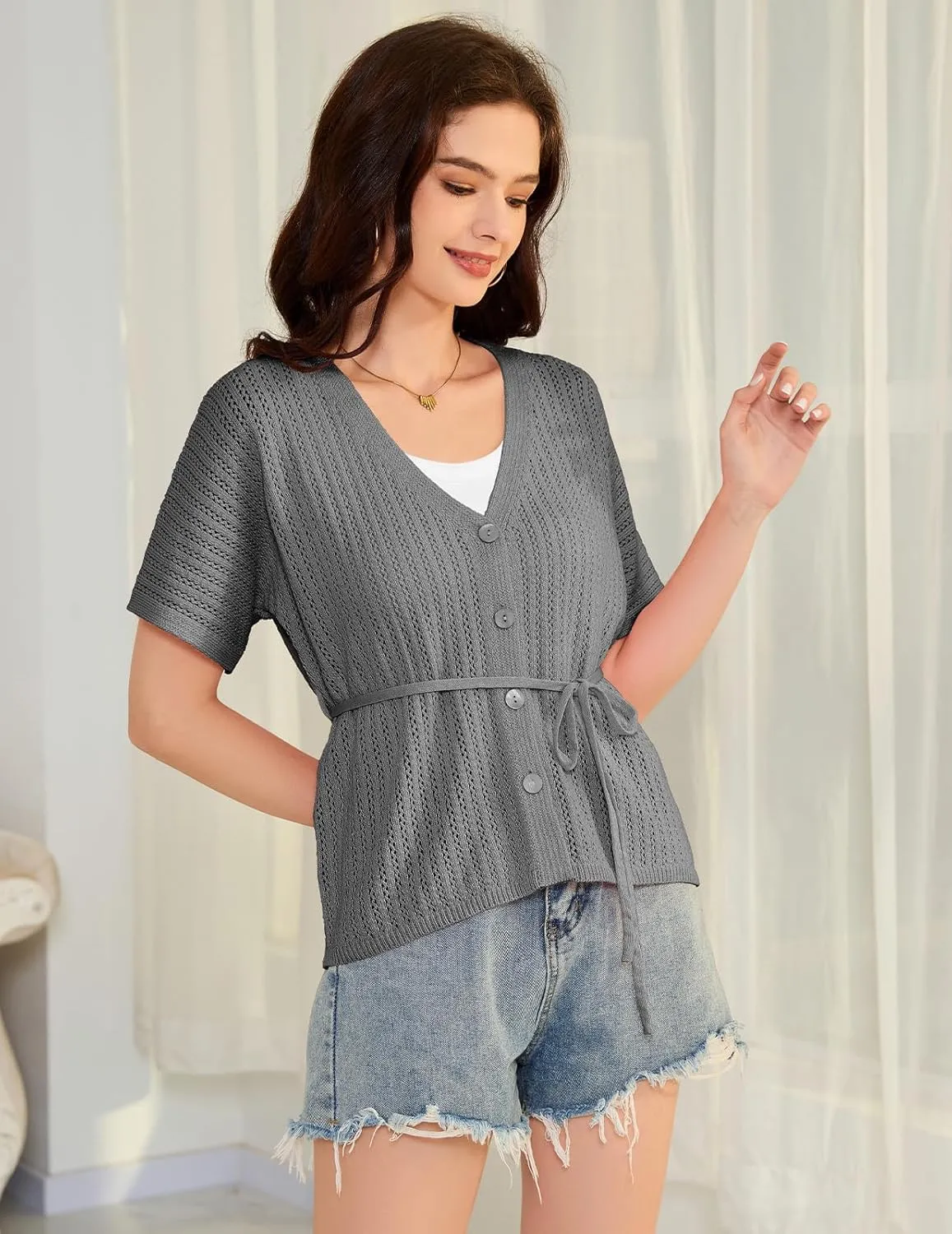 DRESSTELLS Women's Knit Cardigan Lightweight V Neck Short Sleeve Button-Up Hollow Out Summer Sweater Open Front Top