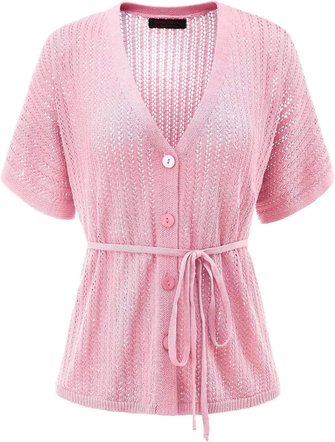 DRESSTELLS Women's Knit Cardigan Lightweight V Neck Short Sleeve Button-Up Hollow Out Summer Sweater Open Front Top