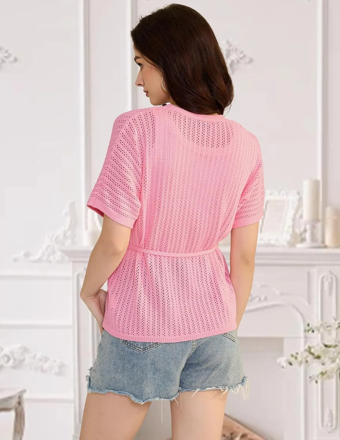 DRESSTELLS Women's Knit Cardigan Lightweight V Neck Short Sleeve Button-Up Hollow Out Summer Sweater Open Front Top