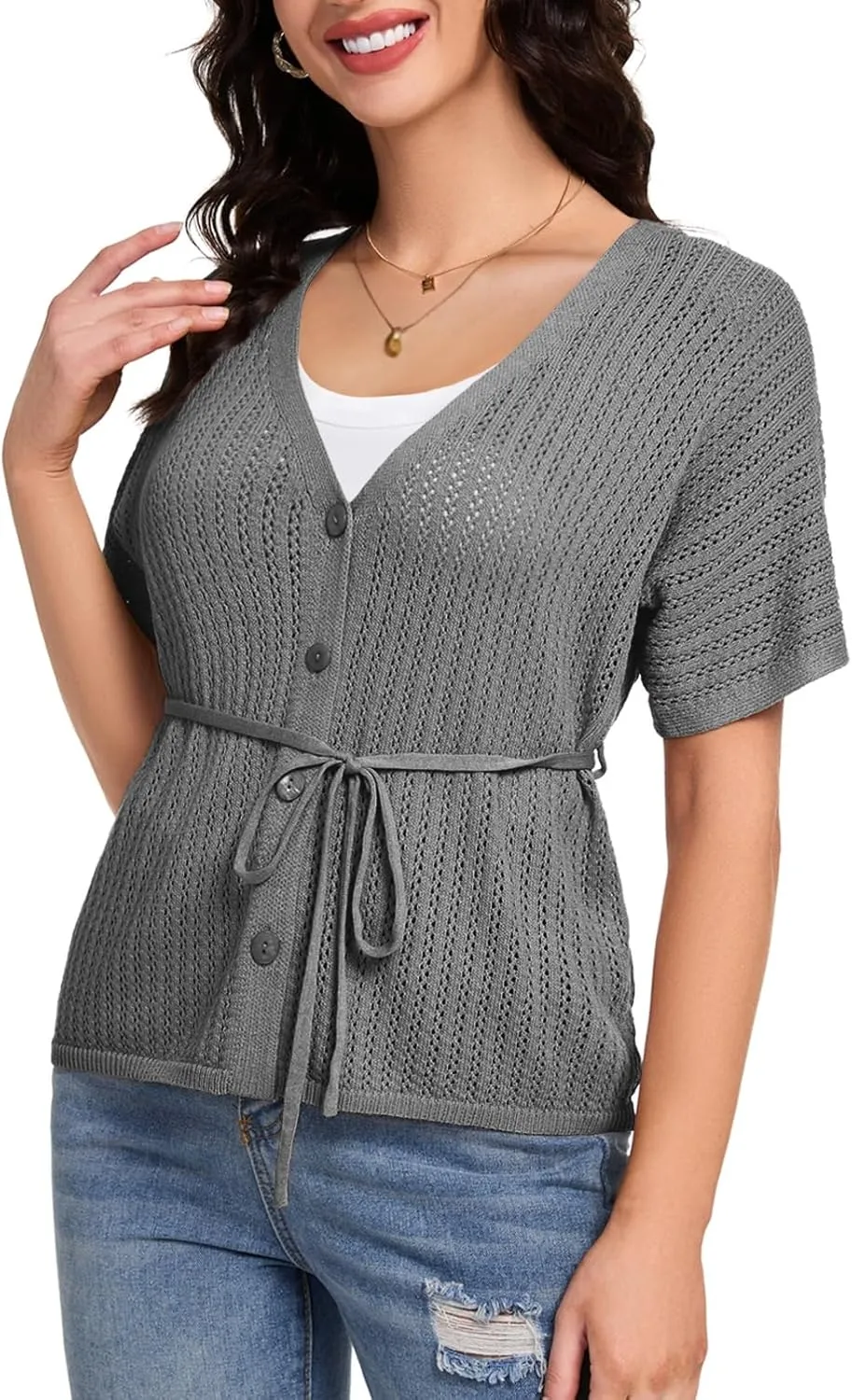 DRESSTELLS Women's Knit Cardigan Lightweight V Neck Short Sleeve Button-Up Hollow Out Summer Sweater Open Front Top