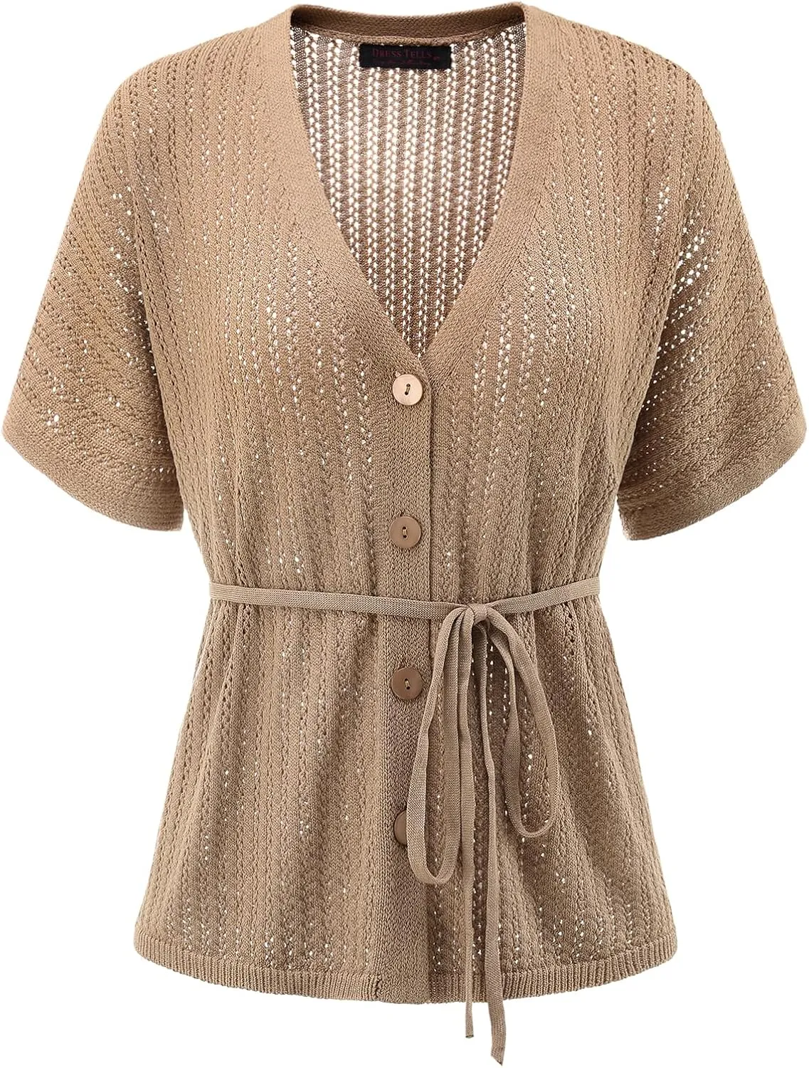 DRESSTELLS Women's Knit Cardigan Lightweight V Neck Short Sleeve Button-Up Hollow Out Summer Sweater Open Front Top