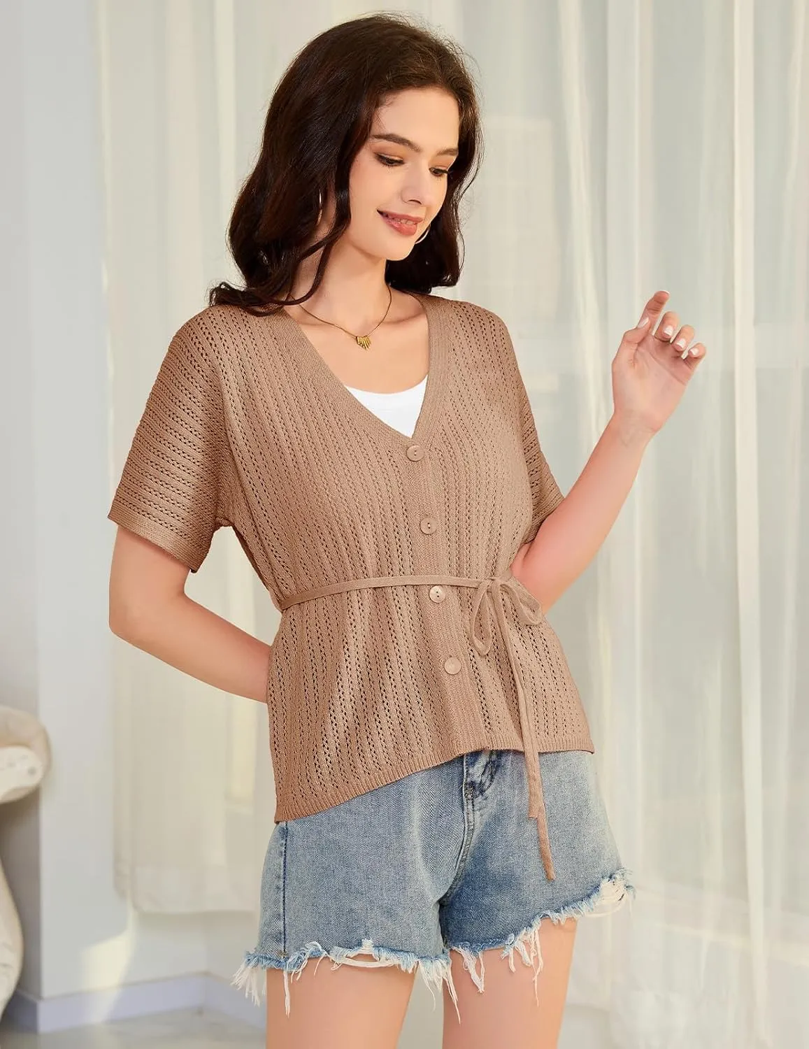 DRESSTELLS Women's Knit Cardigan Lightweight V Neck Short Sleeve Button-Up Hollow Out Summer Sweater Open Front Top