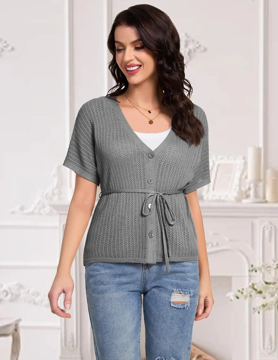 DRESSTELLS Women's Knit Cardigan Lightweight V Neck Short Sleeve Button-Up Hollow Out Summer Sweater Open Front Top