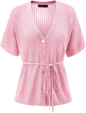 DRESSTELLS Women's Knit Cardigan Lightweight V Neck Short Sleeve Button-Up Hollow Out Summer Sweater Open Front Top