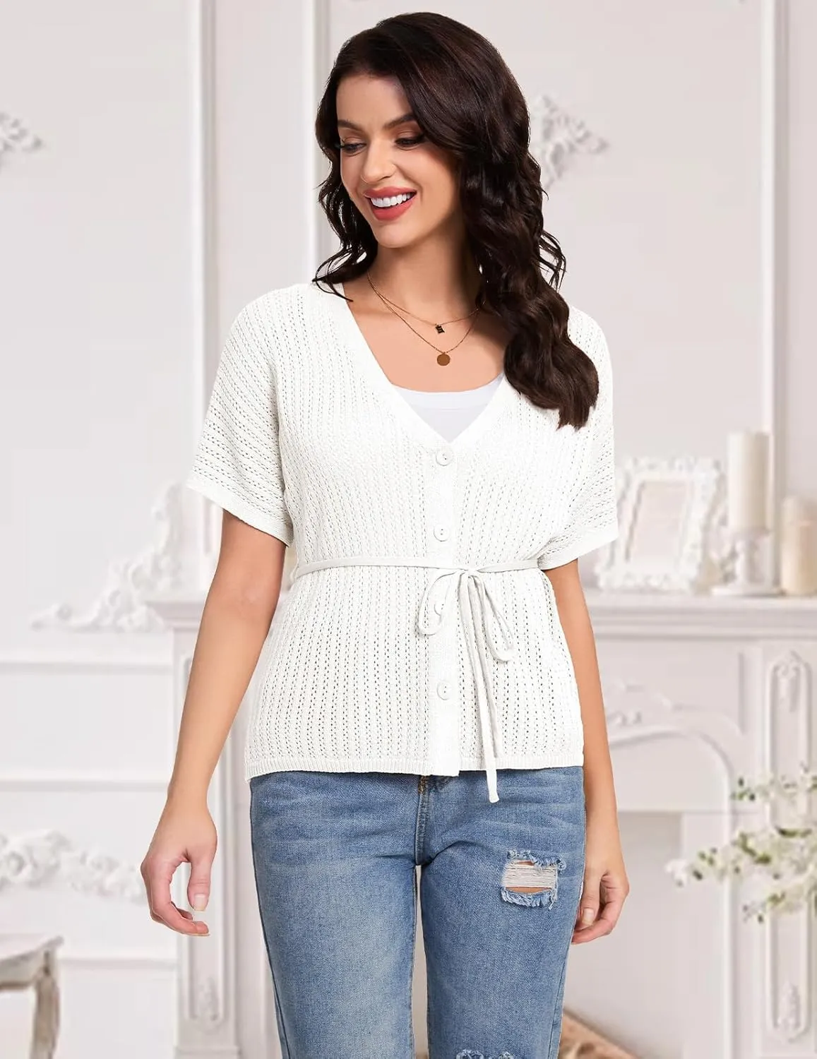 DRESSTELLS Women's Knit Cardigan Lightweight V Neck Short Sleeve Button-Up Hollow Out Summer Sweater Open Front Top