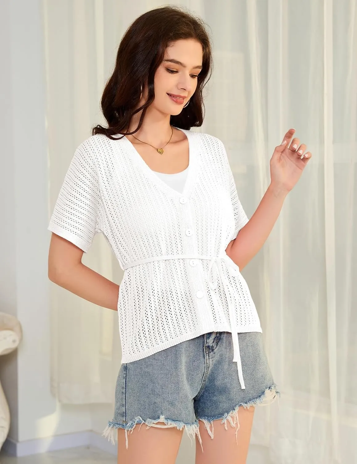 DRESSTELLS Women's Knit Cardigan Lightweight V Neck Short Sleeve Button-Up Hollow Out Summer Sweater Open Front Top