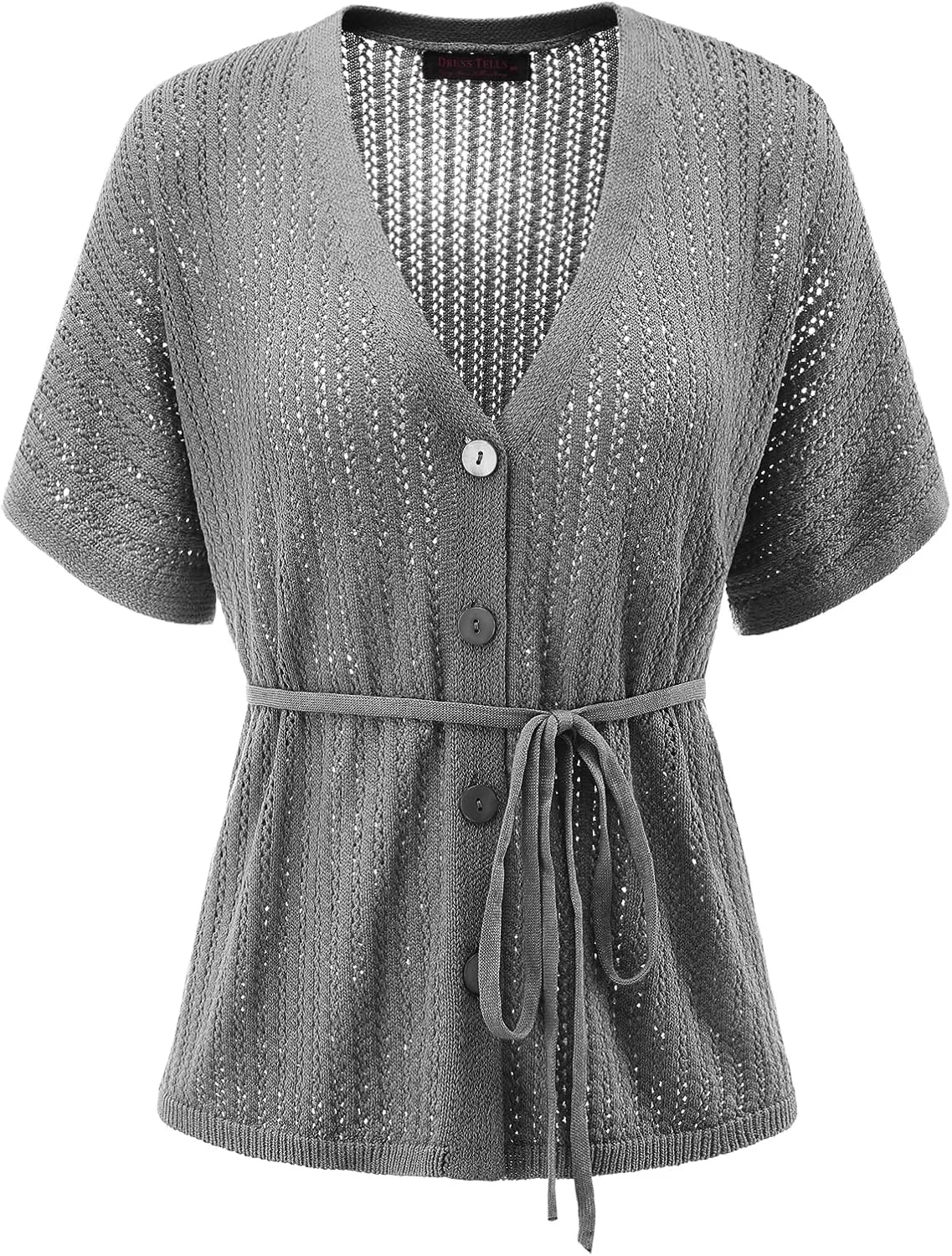 DRESSTELLS Women's Knit Cardigan Lightweight V Neck Short Sleeve Button-Up Hollow Out Summer Sweater Open Front Top