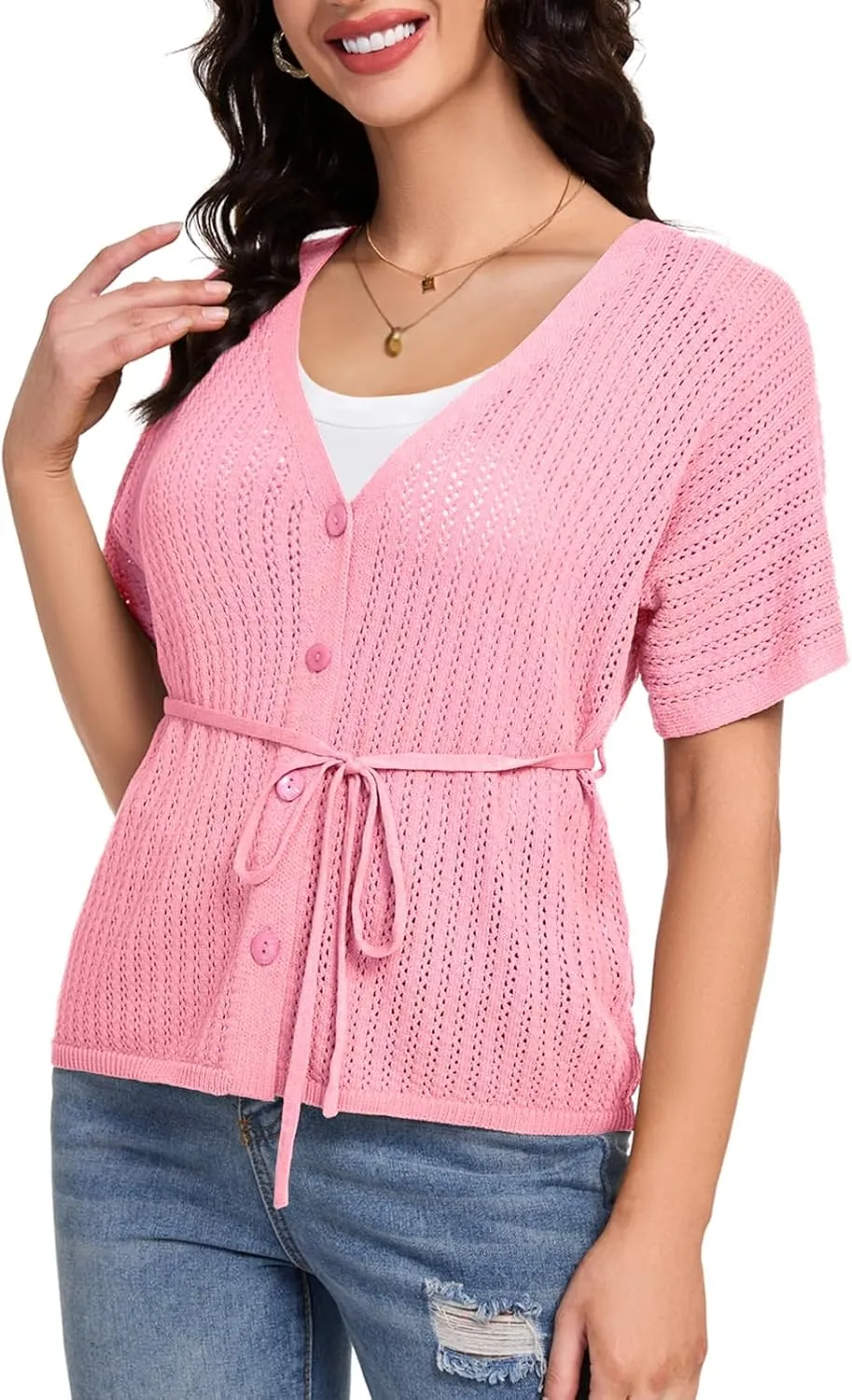 DRESSTELLS Women's Knit Cardigan Lightweight V Neck Short Sleeve Button-Up Hollow Out Summer Sweater Open Front Top
