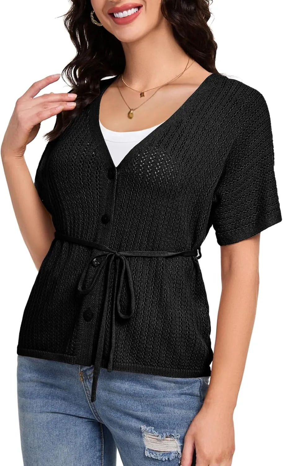 DRESSTELLS Women's Knit Cardigan Lightweight V Neck Short Sleeve Button-Up Hollow Out Summer Sweater Open Front Top