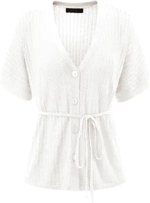 DRESSTELLS Women's Knit Cardigan Lightweight V Neck Short Sleeve Button-Up Hollow Out Summer Sweater Open Front Top