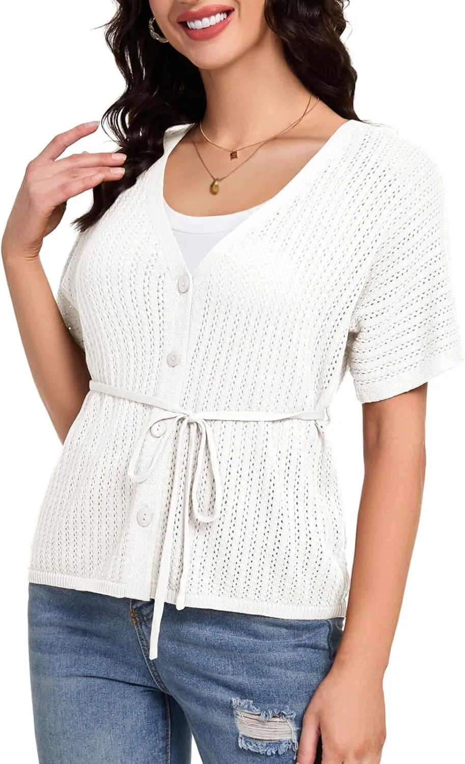 DRESSTELLS Women's Knit Cardigan Lightweight V Neck Short Sleeve Button-Up Hollow Out Summer Sweater Open Front Top