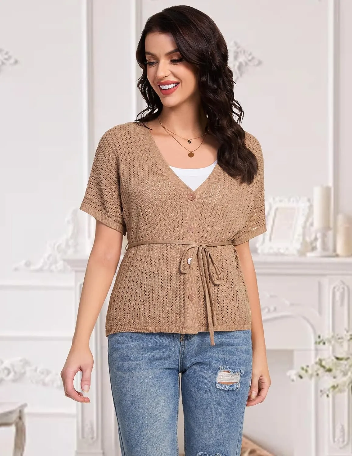 DRESSTELLS Women's Knit Cardigan Lightweight V Neck Short Sleeve Button-Up Hollow Out Summer Sweater Open Front Top