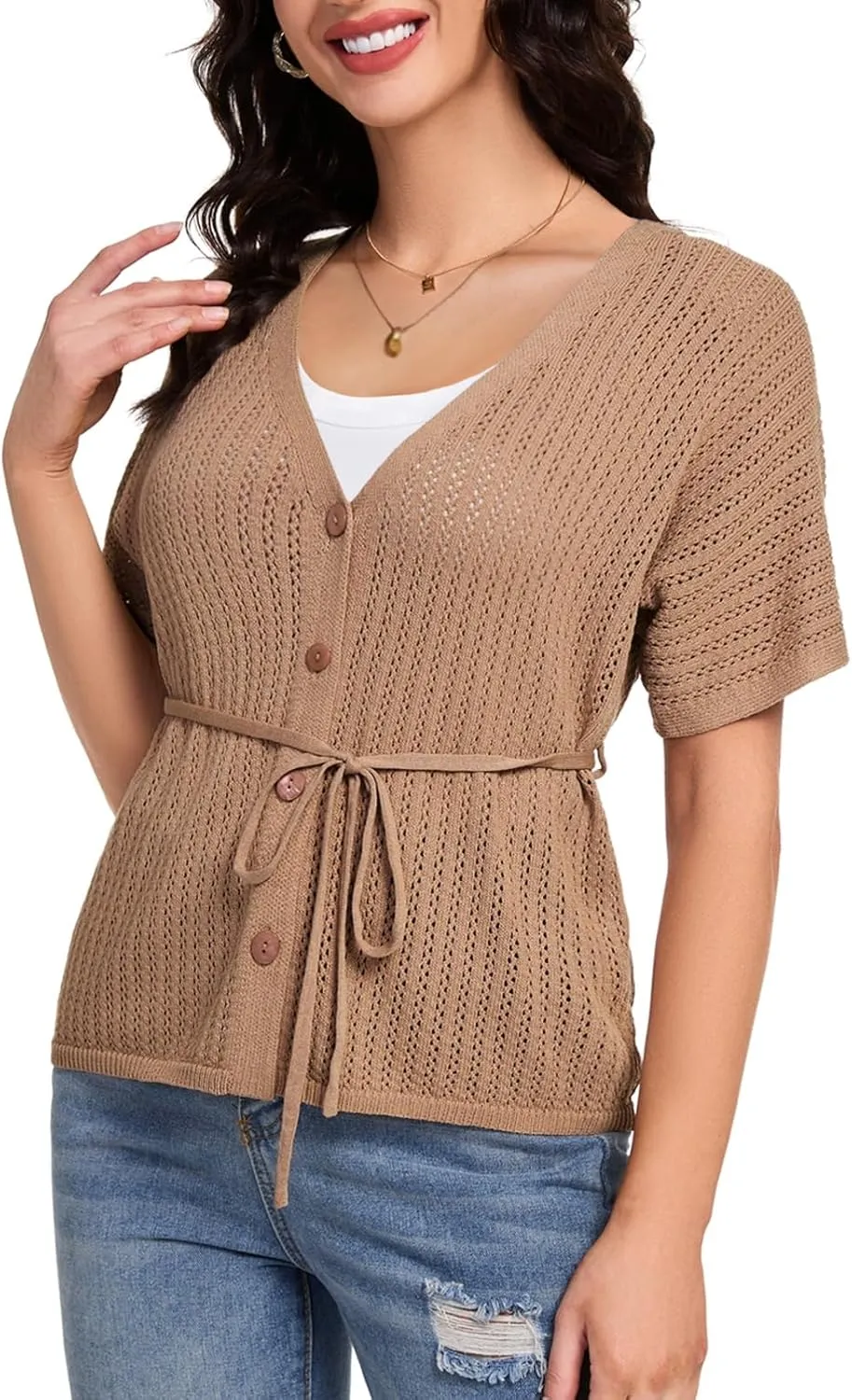 DRESSTELLS Women's Knit Cardigan Lightweight V Neck Short Sleeve Button-Up Hollow Out Summer Sweater Open Front Top