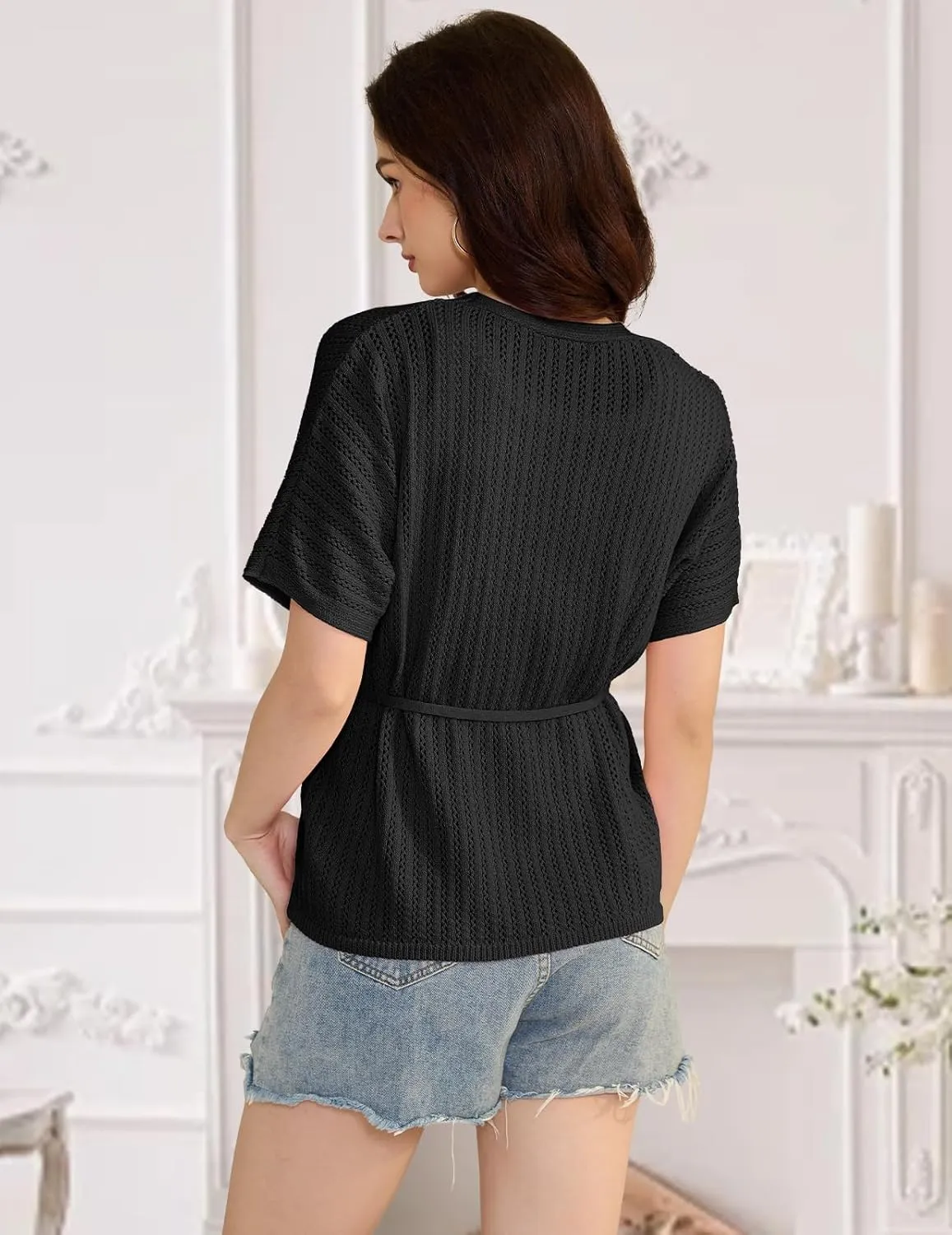 DRESSTELLS Women's Knit Cardigan Lightweight V Neck Short Sleeve Button-Up Hollow Out Summer Sweater Open Front Top