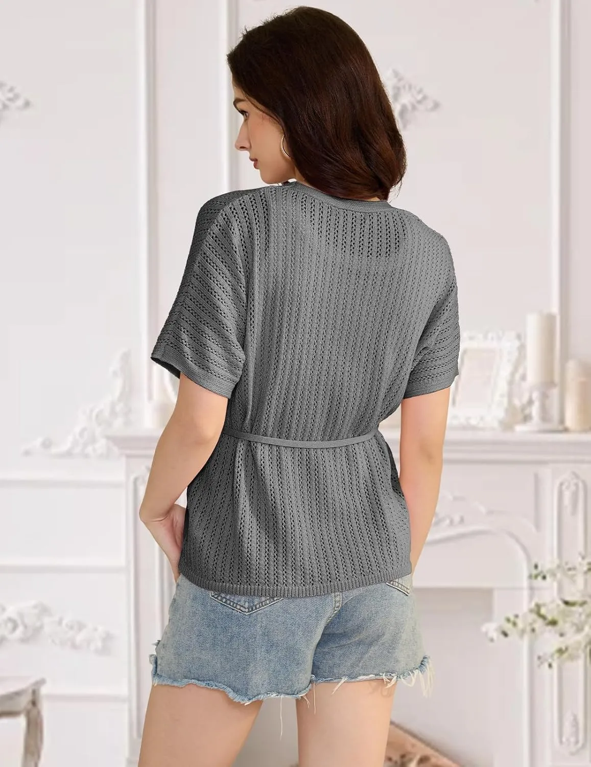 DRESSTELLS Women's Knit Cardigan Lightweight V Neck Short Sleeve Button-Up Hollow Out Summer Sweater Open Front Top