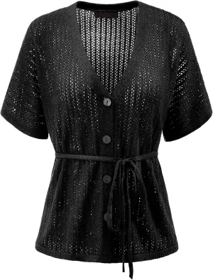 DRESSTELLS Women's Knit Cardigan Lightweight V Neck Short Sleeve Button-Up Hollow Out Summer Sweater Open Front Top