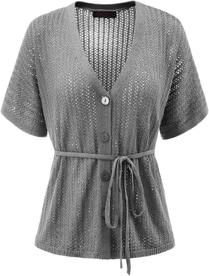 DRESSTELLS Women's Knit Cardigan Lightweight V Neck Short Sleeve Button-Up Hollow Out Summer Sweater Open Front Top