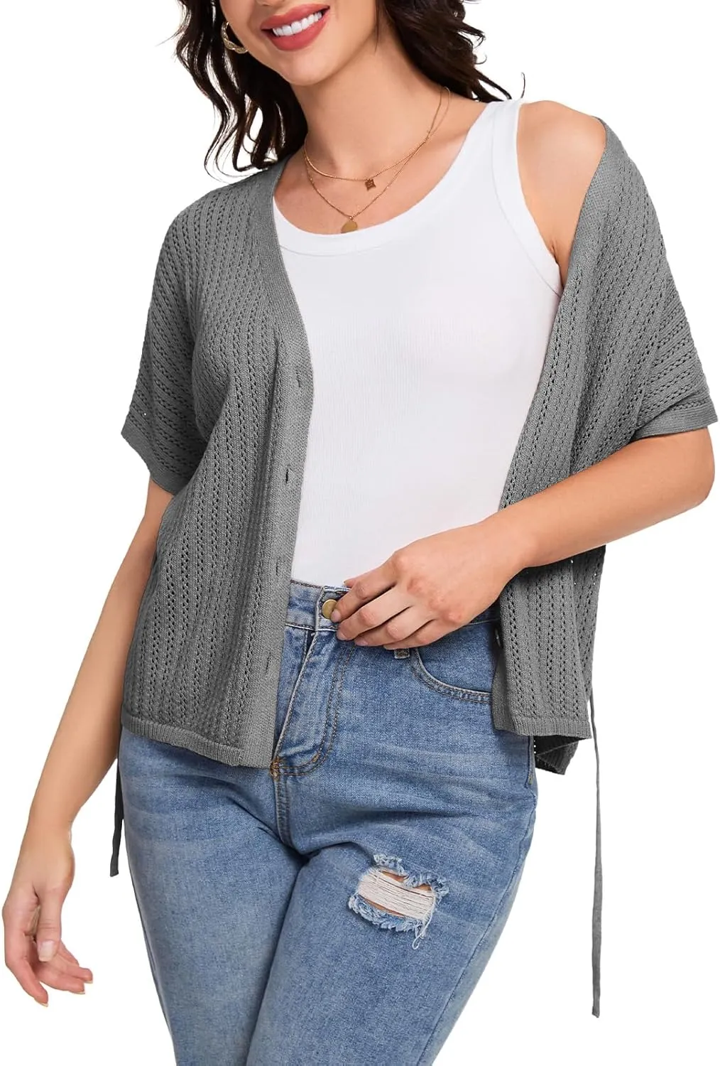 DRESSTELLS Women's Knit Cardigan Lightweight V Neck Short Sleeve Button-Up Hollow Out Summer Sweater Open Front Top