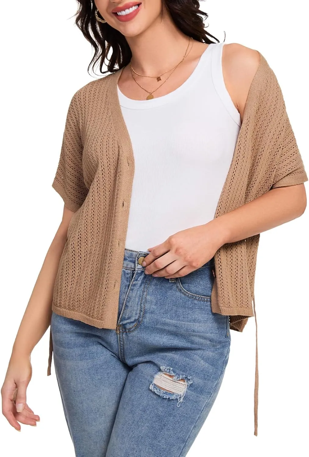 DRESSTELLS Women's Knit Cardigan Lightweight V Neck Short Sleeve Button-Up Hollow Out Summer Sweater Open Front Top