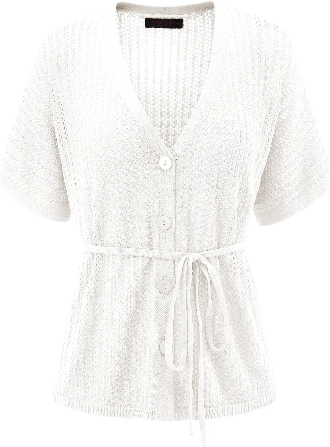 DRESSTELLS Women's Knit Cardigan Lightweight V Neck Short Sleeve Button-Up Hollow Out Summer Sweater Open Front Top