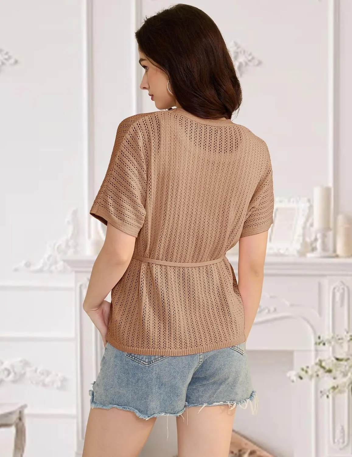 DRESSTELLS Women's Knit Cardigan Lightweight V Neck Short Sleeve Button-Up Hollow Out Summer Sweater Open Front Top