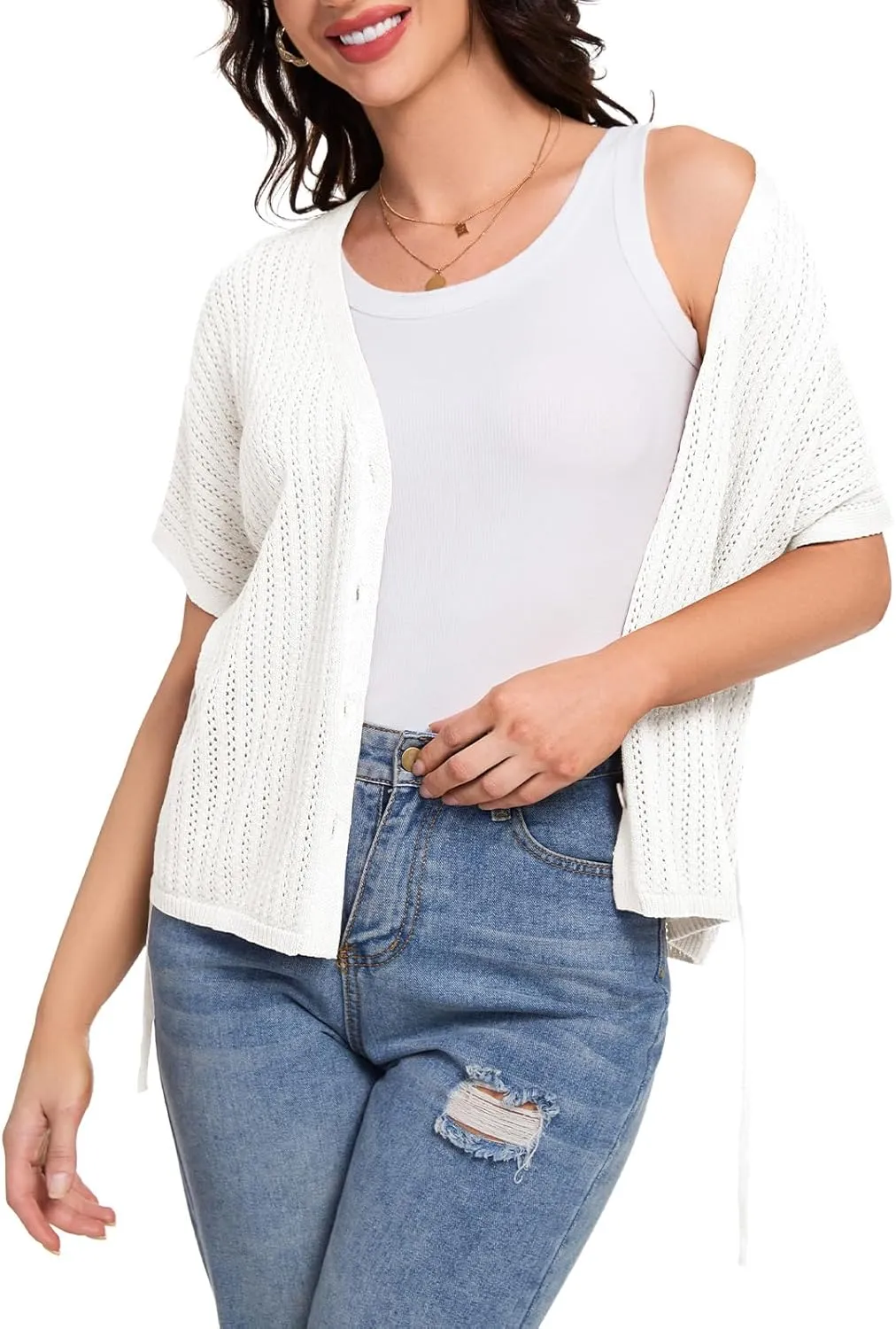 DRESSTELLS Women's Knit Cardigan Lightweight V Neck Short Sleeve Button-Up Hollow Out Summer Sweater Open Front Top