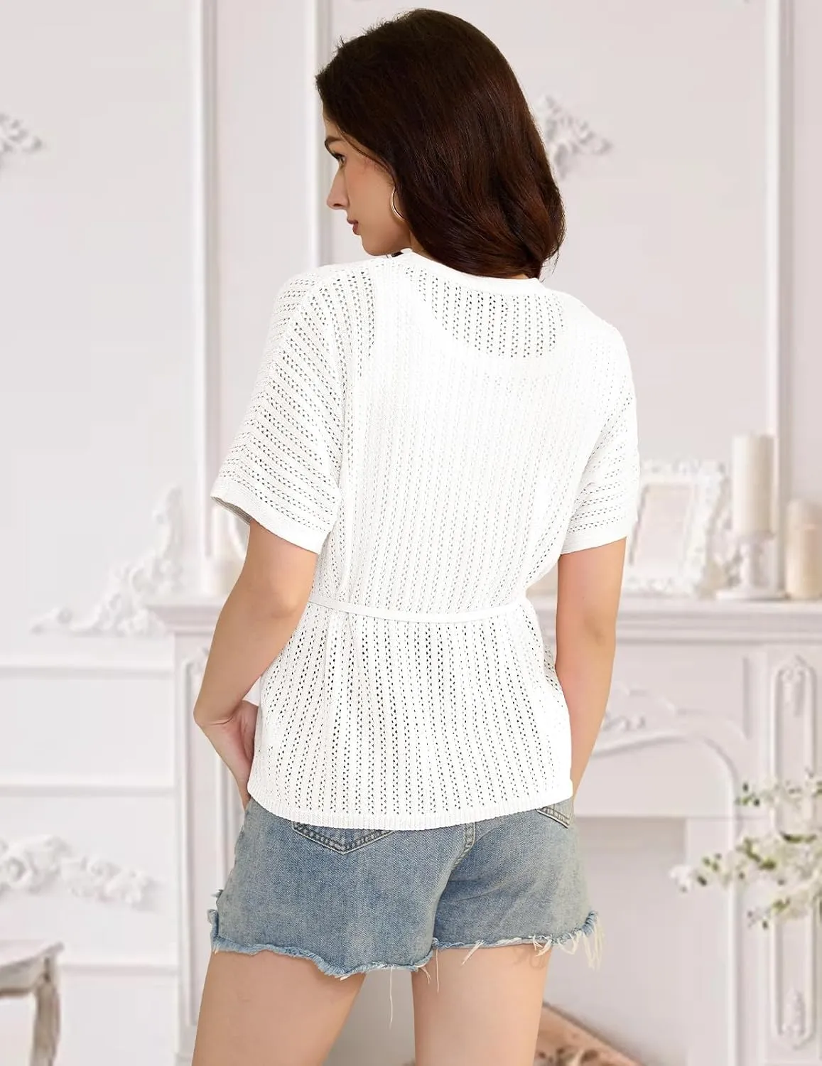 DRESSTELLS Women's Knit Cardigan Lightweight V Neck Short Sleeve Button-Up Hollow Out Summer Sweater Open Front Top
