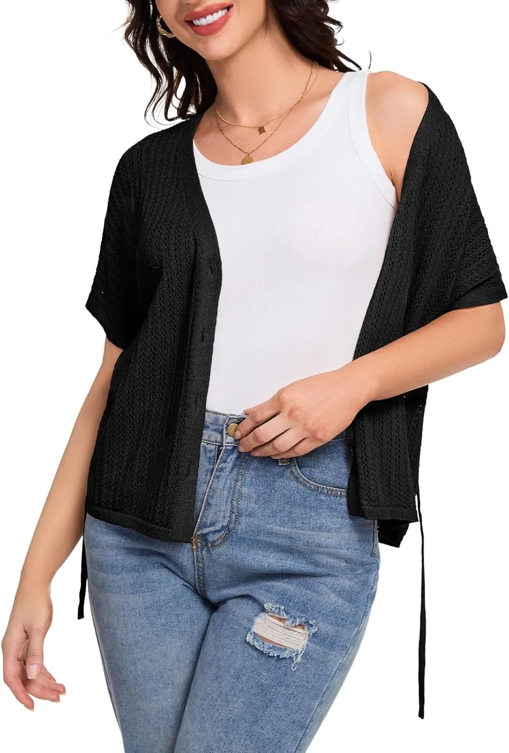 DRESSTELLS Women's Knit Cardigan Lightweight V Neck Short Sleeve Button-Up Hollow Out Summer Sweater Open Front Top