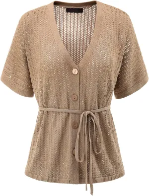 DRESSTELLS Women's Knit Cardigan Lightweight V Neck Short Sleeve Button-Up Hollow Out Summer Sweater Open Front Top