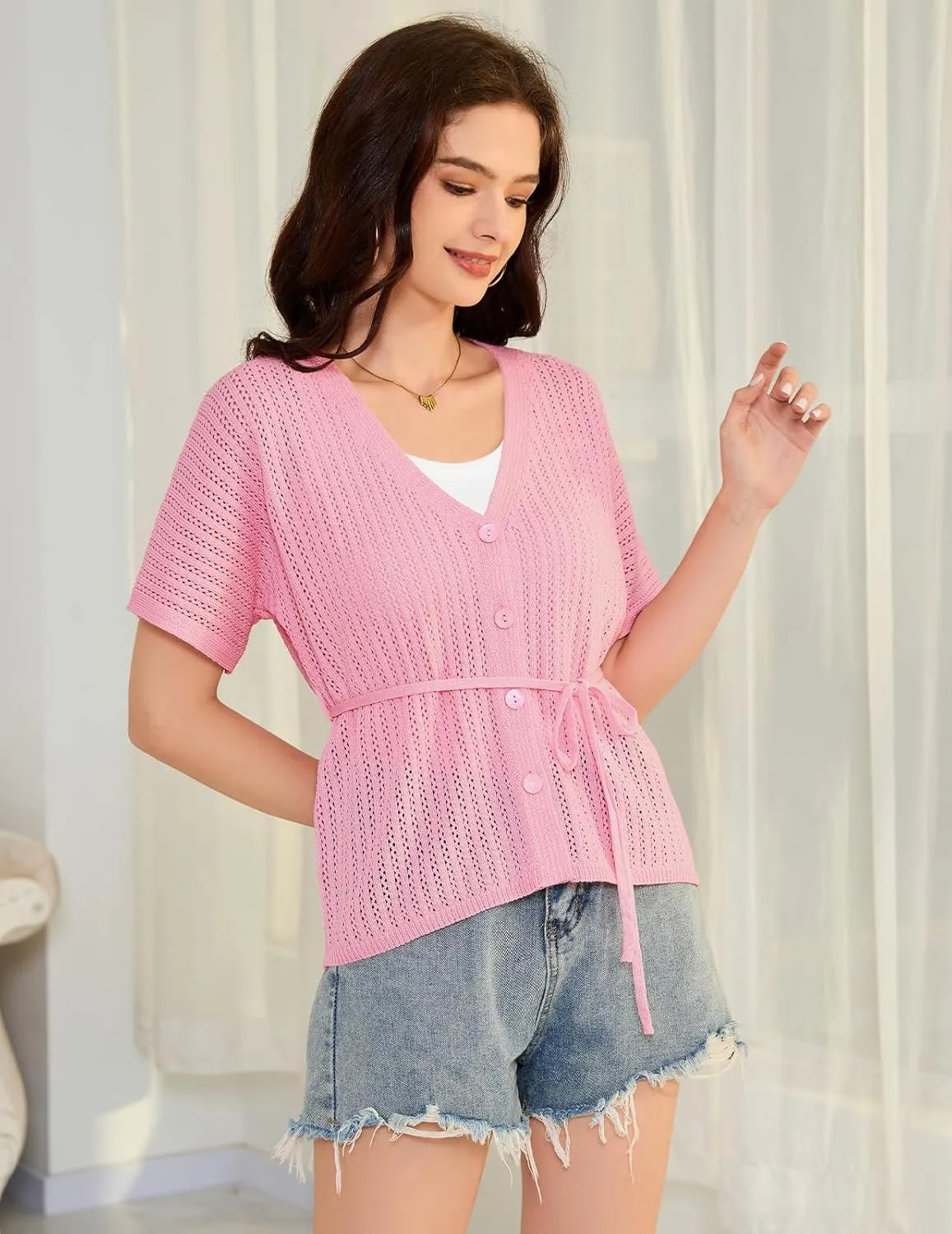 DRESSTELLS Women's Knit Cardigan Lightweight V Neck Short Sleeve Button-Up Hollow Out Summer Sweater Open Front Top