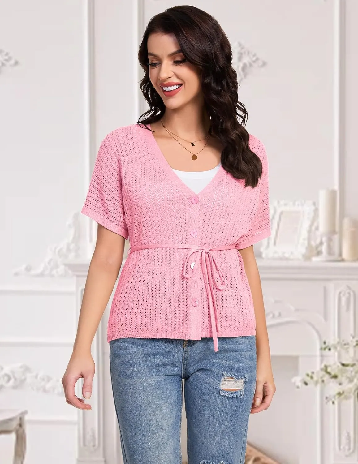 DRESSTELLS Women's Knit Cardigan Lightweight V Neck Short Sleeve Button-Up Hollow Out Summer Sweater Open Front Top